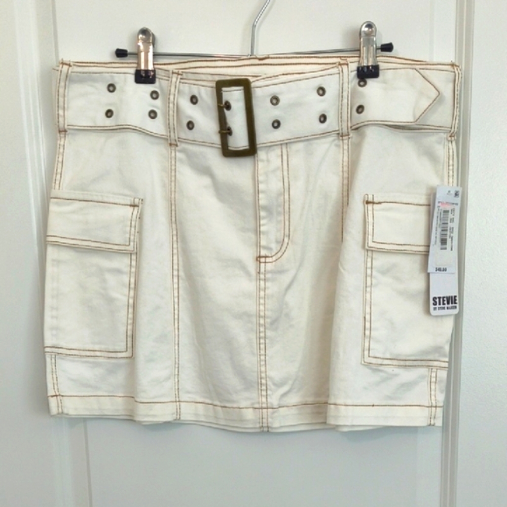 Stevie By Steve Madden Denim Creme Mini Skirt With Belt & Brown Threading SizeXL
